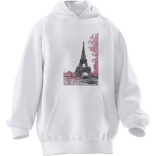 Nmg Tekstil Unisex Premium Pamuk Beyaz  Eyfel Kulesi Pembe Ağaçlar Baskılı 3 Iplik Kapüşonlu Sweatshirt