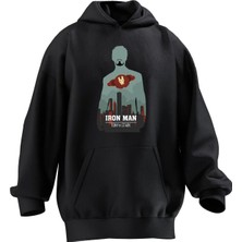 Nmg Tekstil Unisex Premium Pamuk Siyah  Iron Man Tony Baskılı 3 Iplik Kapüşonlu Sweatshirt