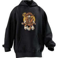 Nmg Tekstil Unisex Premium Pamuk Siyah Sarı Kovboy Anime Baskılı 3 Iplik Kapüşonlu Sweatshirt