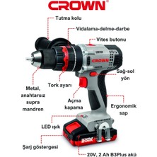 Crown Çift Vitesli Akülü Vidalama 20 V-2 AH CT21075HMX-2 Bmc - Bakır Sargılı Çift Akülü Şarjlı Darbeli Matkap