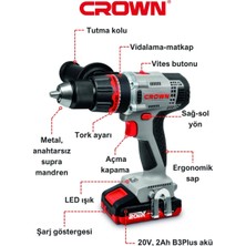 Crown Çift Vitesli Akülü Vidalama 20V-2AH CT21076HMX-2 Bmc | Bakır Sargılı Çift Akülü Şarjlı Matkap