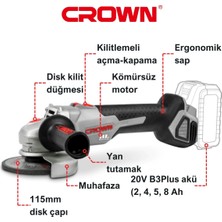 Crown Akülü Avuç Taşlama Makinası 20 V-SOLO 115 mm CT23001-115HX Bakır Sargılı Kömürsüz Motorlu Şarjlı