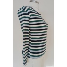 Moda59 Uzun Kollu Bisiklet Yakalı Fitilli Siyah-Gri-Yeşil Çizgili Body