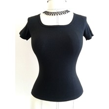 Moda59 Likralı Kısa Kollu Standart Beden Fitilli Siyah Body