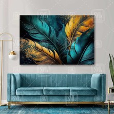 Sml Tablo Soyut Kuş Tüyü Gold Ve Turkuaz Detaylar Kuştüyü Modern Yatay Kanvas Tablo