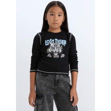 DeFacto Cropped Fit Bisiklet Yaka Baskılı Fitilli Kaşkorse Uzun Kollu Tişört Kız Çocuk D3430A824WN