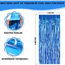 Just Cheap Store Ekstra Metalize Mavi Renk Saçaklı Arka Fon Perde 1x2 Metre
