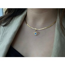 Anetta Jewelry Altın Renk Mavi Göz Lucky( Şanslı ) Italyan Zincir Kararmaz Çelik Kolye Çelik takı