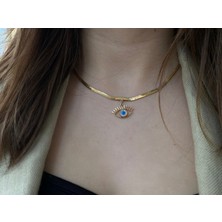 Anetta Jewelry Altın Renk Mavi Göz Lucky( Şanslı ) Italyan Zincir Kararmaz Çelik Kolye Çelik takı