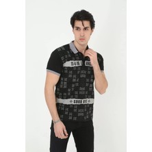 Koflandy Erkek Yakalı Slim Fit Baskılı T-Shirt - Siyah