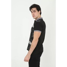 Koflandy Erkek Yakalı Slim Fit Baskılı T-Shirt - Siyah