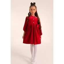 Perendi Şık Kadife Düğmeli Elbise Kız Çocuk Kırmızı