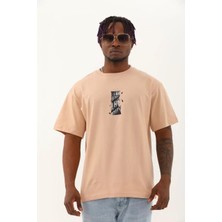 Koflandy Oversize Baskılı Bisiklet Yaka T-Shirt - Bej