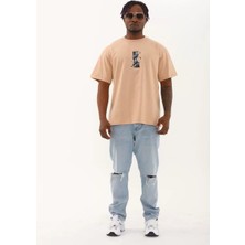 Koflandy Oversize Baskılı Bisiklet Yaka T-Shirt - Bej