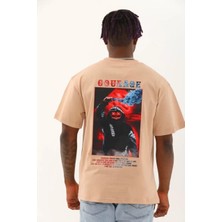 Koflandy Oversize Baskılı Bisiklet Yaka T-Shirt - Bej