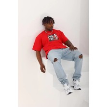 Koflandy Oversize Baskılı Bisiklet Yaka T-Shirt - Kırmızı