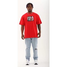 Koflandy Oversize Baskılı Bisiklet Yaka T-Shirt - Kırmızı