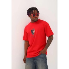 Koflandy Oversize Baskılı Bisiklet Yaka T-Shirt - Kırmızı