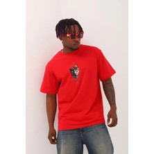 Koflandy Oversize Baskılı Bisiklet Yaka T-Shirt - Kırmızı