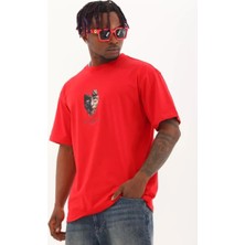 Koflandy Oversize Baskılı Bisiklet Yaka T-Shirt - Kırmızı