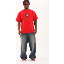 Koflandy Oversize Baskılı Bisiklet Yaka T-Shirt - Kırmızı