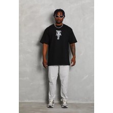 Koflandy Unisex Oversize Baskılı Bisiklet Yaka T-Shirt - Siyah