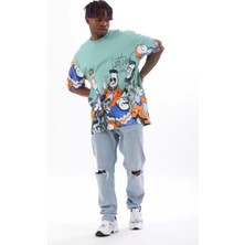 Koflandy Oversize Baskılı Bisiklet Yaka T-Shirt - Mint Yeşili