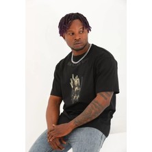Koflandy Oversize Baskılı Bisiklet Yaka T-Shirt - Siyah