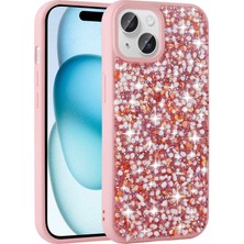 Megafox Teknoloji Apple iPhone 15 Uyumlu Kılıf Parlak Taşlı Tasarım Linea Diamond Kapak, Pembe