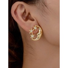 SE Jewellery Gold Ay Yıldız Taş Detaylı Şık Küpe
