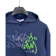 Little Tortoise Erkek Çocuk Kapüşonlu Yazı Nakışlı Lacivert Sweatshirt