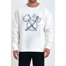 Balta ve Çekiç Şimşek Baskılı Beyaz Unisex Kadın Erkek Pamuklu Sweatshirt CU274
