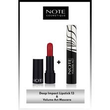 Note Deep Impact Lipstick Parlak Ruj 13 Impressive Red - Kırmızı & Volume Act Maskara Makyaj Seti