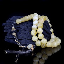 Takı925 925 Ayar Çift Renk Gümüş Püsküllü 9.5 mm Damla Kehribar Tesbih