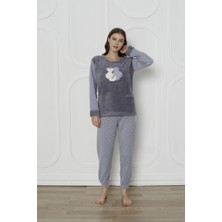 Fwn 3011 Peluş Welsoft Polar Kışlık Kadın Ev Kedi Işlemli Pijama Takımı