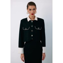 Sateen Kontrast Kısa Tüvit Ceket - Siyah