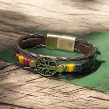 Etniko Kahverengi Deri ve Renkli Ip Sarma Bileklik - Hayat Ağacı Figürü ile Şıklık, Metal Mıknatıs Kapama
