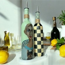 Mes Reves Design Kadın Desenli ve Kareli 750 ml Zeytinyağı Sıvıyağ Şişesi Yağdanlık Yağlık Sirkelik Sosluk 2'li Set