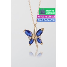 Jewelmim Safir Mavi Renkli Gümüş Kelebekli Kolye 18 Ayar Rose Altın Kaplama Kelebekli Aşk Kolye 925 Ayar Gümüş Kadın Kolye | Bayan Gümüş Kelebek Kolyesi Zirkon Taşlı Kelebek Kolye Kadın Gümüş Kolye
