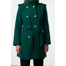 FRM Kadın Moda Şık Regular Dik Yaka Midi Düz Astarlı Kuşaklı Düğmeli Yumuşak Dokulu Kaşe Kaban