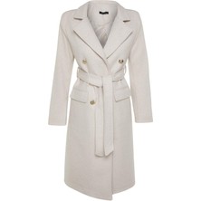 FRM Kadın Moda Şık Fitted Ceket Yaka Uzun Düz Astarlı Fitted Kuşaklı Gold Düğmeli Uzun Yünlü Kaşe Kaban