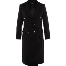 FRM Kadın Moda Şık Fitted Ceket Yaka Uzun Düz Astarlı Fitted Kuşaklı Gold Düğmeli Uzun Yünlü Kaşe Kaban