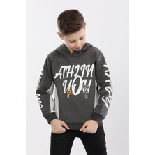 Kapüşonlu 3 Ip Kışlık Erkek Çocuk Baskılı Kalın Sweatshirt Füme  MRN7014