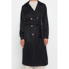 FRM Kadın Moda Şık Oversize Ceket Yaka Uzun Düz Astarsız Kuşaklı Su Itici Uzun Trençkot
