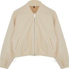 Kadın Moda Şık Oversize Hakim Yaka Standart Düz Astarlı Oversize Kaşe Bomber Ceket Mont