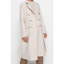 Ersefa Tasarım Düz Astarlı Yaka Uzun Fitted Ceket Kadın Fitted Kuşaklı Gold Düğmeli Uzun Yünlü Kaşe Kaban