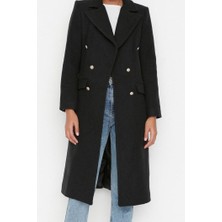 Ersefa Tasarım Düz Astarlı Yaka Uzun Fitted Ceket Kadın Fitted Kuşaklı Gold Düğmeli Uzun Yünlü Kaşe Kaban