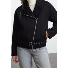 Ersefa Tasarım Düz Astarlı Yaka Standart Oversize Gömlek Kadın Kemerli Gabardin Biker Ince Ceket Mont