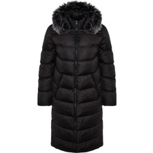 FRM Kadın Moda Şık Regular Kapüşonlu Yaka Uzun Düz Astarlı Kürk Kapüşonlu Su Itici Kışlık Şişme Mont