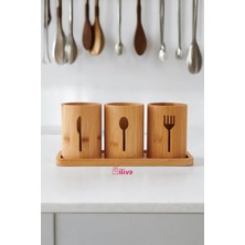4 Parça Bambu Kaşıklık Tezgah Üstü Servis Standı Dik Kaşıklık Düzenleyici